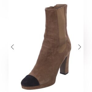 CHANEL Brown and Black Heeled Suede Ankle Boots | Size 38